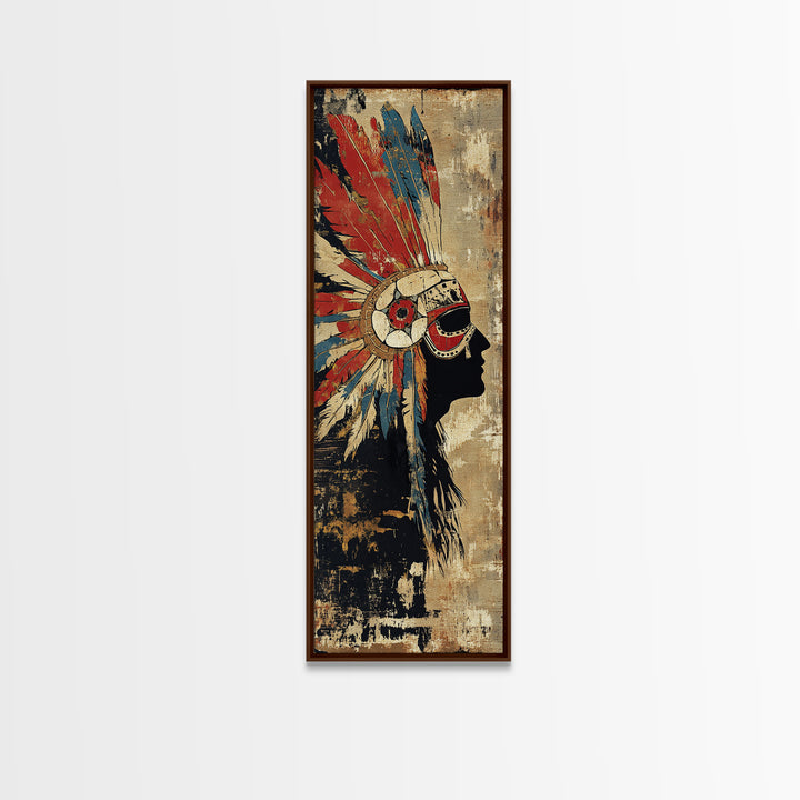 Feather Headdress Profile Wall Art, Tribal Southwestern Canvas Print, Indigenous Inspired Decor For Boho Living Room Wall Decor