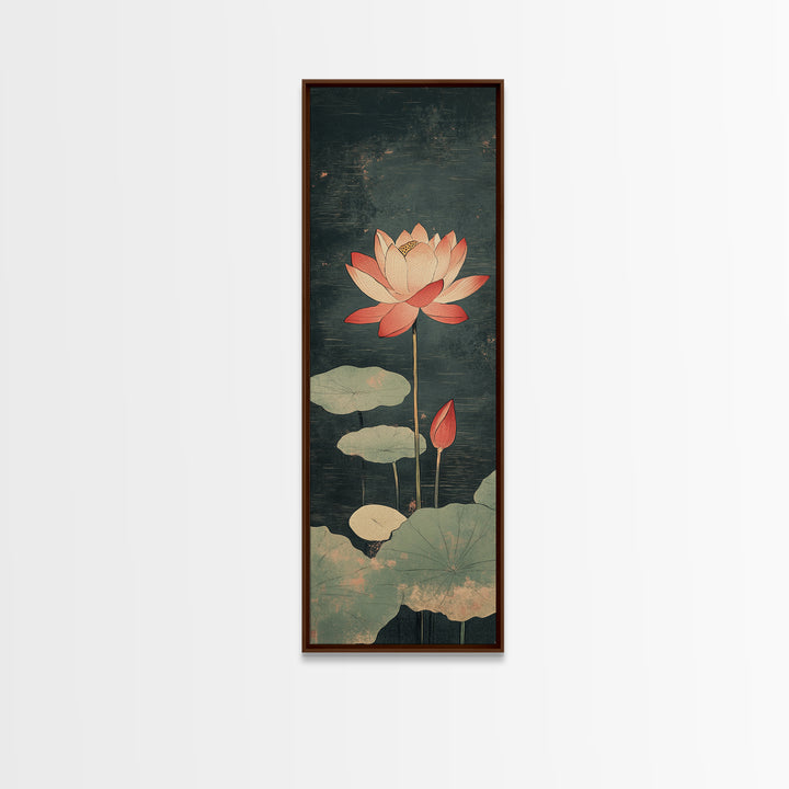 Pink Lotus Flower Pond Wall Art, Japanese Botanical Canvas Print, Serene Nature Decor For Spa Bathroom And Meditation Room