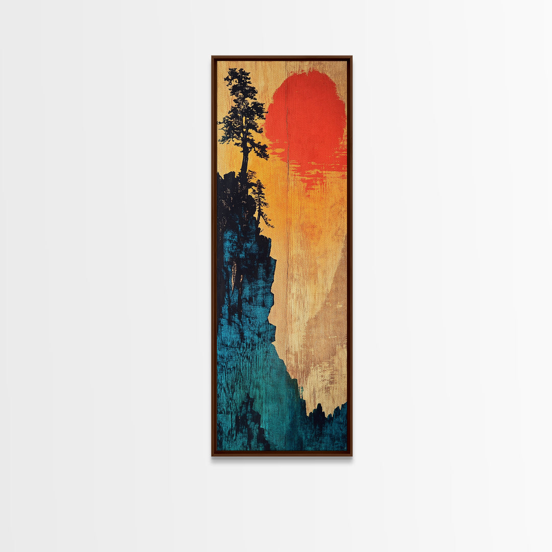 Cliff Silhouette With Red Sun Wall Art, Japanese Landscape Canvas Print, Moody Nature Decor For Living Room And Office Wall Decor
