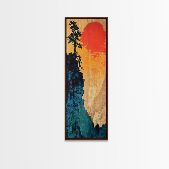 Cliff Silhouette With Red Sun Wall Art, Japanese Landscape Canvas Print, Moody Nature Decor For Living Room And Office Wall Decor