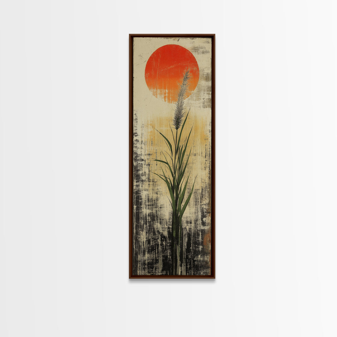 Tall Reed Grass With Red Sun Wall Art, Japanese Botanical Canvas Print, Minimal Nature Decor For Japandi Living Room Wall Decor
