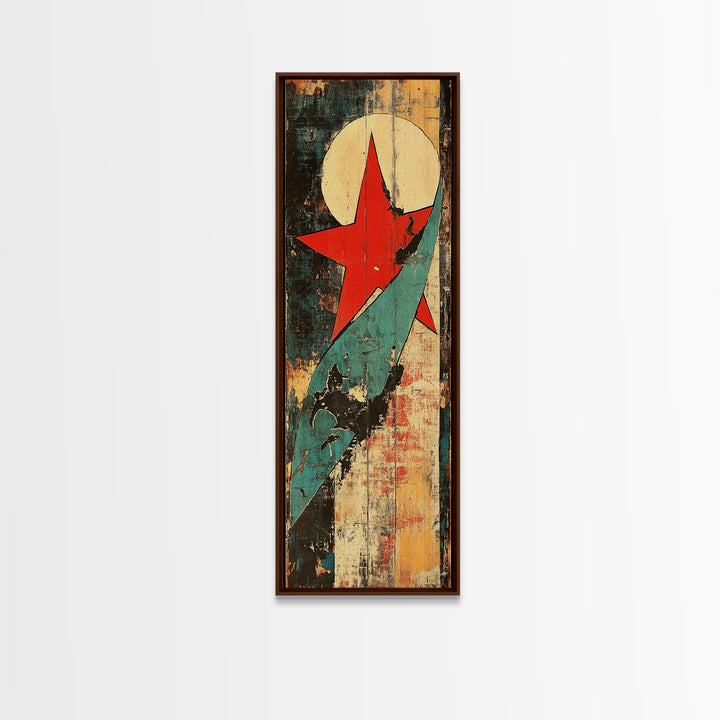 Red Star And Teal Rocket Abstract Canvas Print, Mid Century Modern Wall Art, Retro Futuristic Art, Bold Office Decor, Home Decor