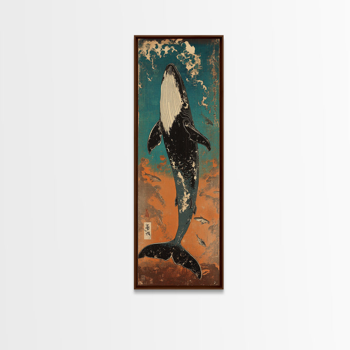 Humpback Whale Rising Through Teal Waves Wall Art, Japanese Woodblock Style, Ocean Wall Art, Marine Life Art, Coastal Decor