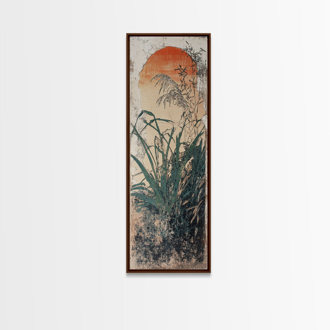 Orange Sun And Wild Grass Wall Art, Japanese Botanical Print, Japandi Decor, Minimalist Nature Art, Vertical Canvas Print