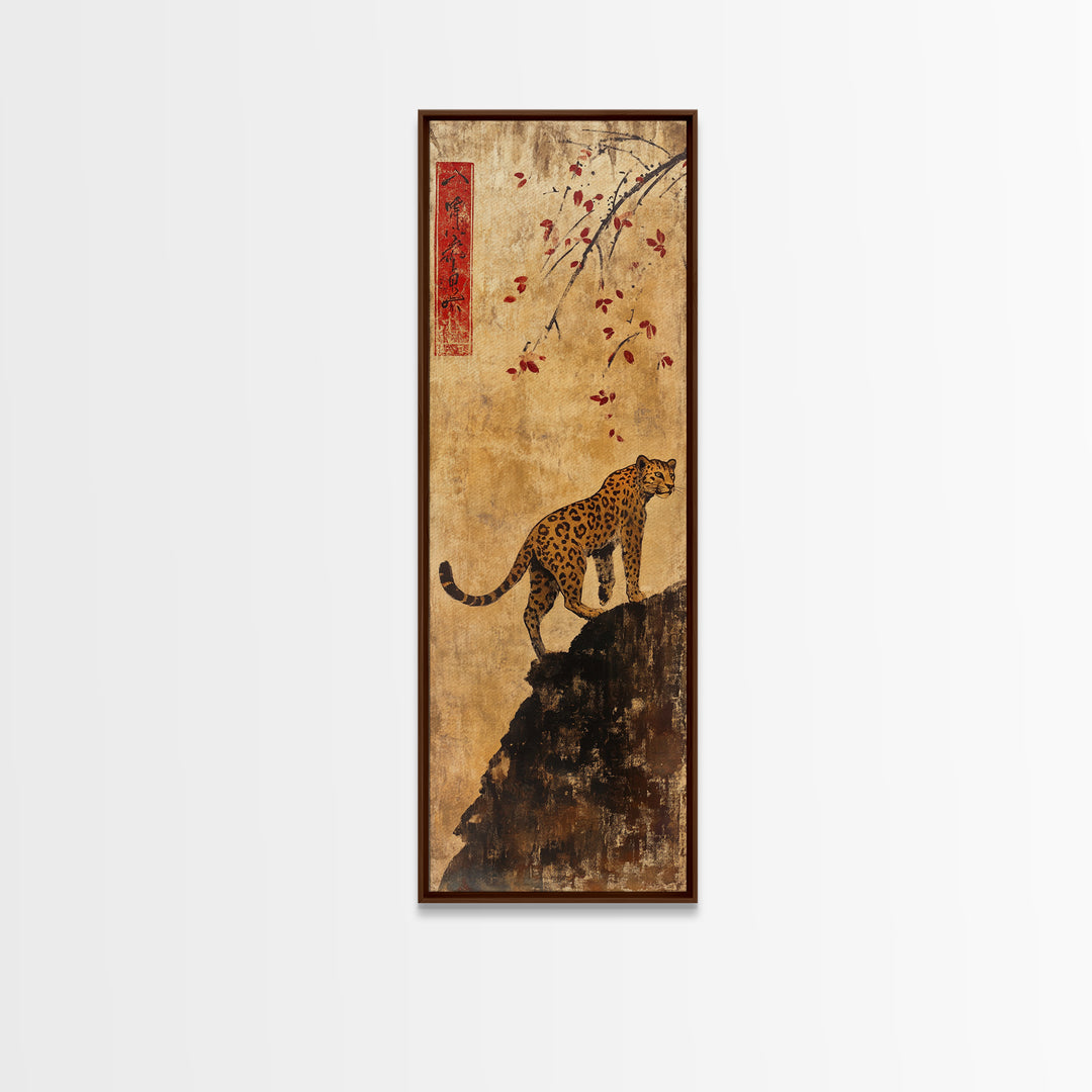 Spotted Leopard On Rocky Cliff Wall Art, Asian Wildlife Decor, Safari Animal Art Print, Maximalist Decor, Framed Canvas Print