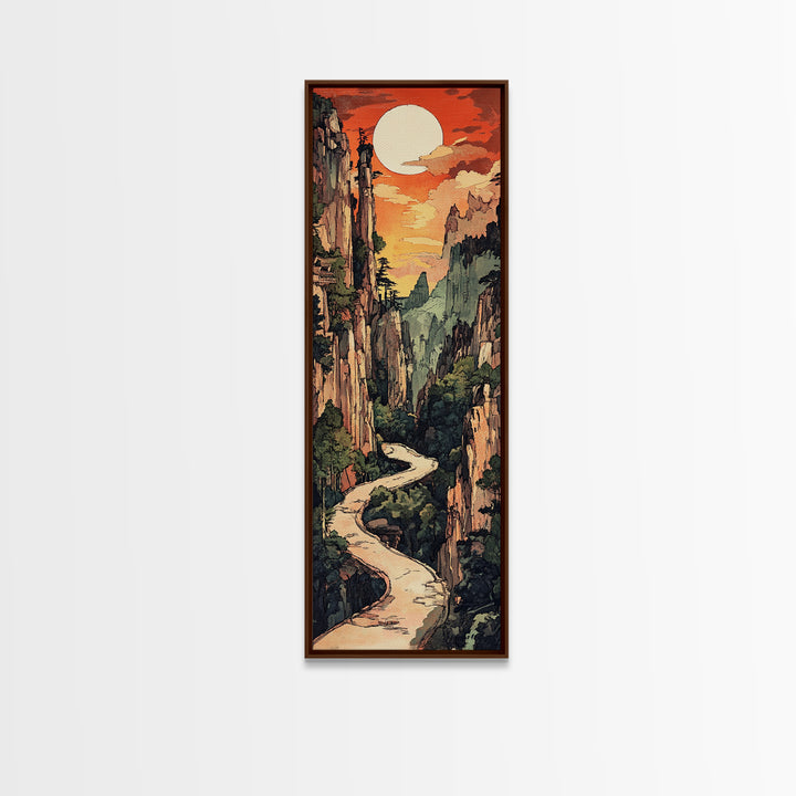 Sunset Canyon River Wall Art, Japanese Landscape Print, Mountain Wall Decor, Large Horizontal Art, Framed Canvas Print, Living Room Decor