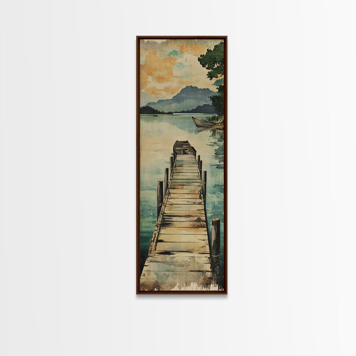Quiet Lake Dock Framed Canvas Print, Mountain Landscape Wall Art, Serene Nature Decor, Coastal Cabin Living Room Art Print
