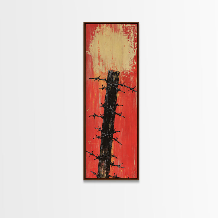 Barbed Wire Fence Post Wall Art, Rustic Western Print, Red Distressed Farmhouse Decor For Man Cave Or Modern Entryway Gift