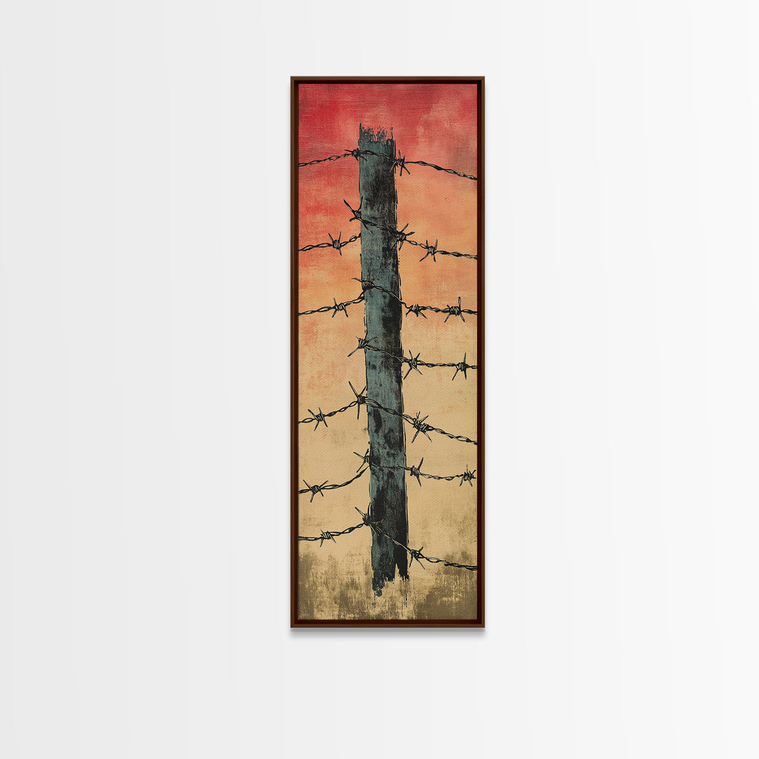 Barbed Wire Fence Post At Red Sunset Wall Art, Rustic Western Decor, Industrial Farmhouse Print, Masculine Office Decor Gift