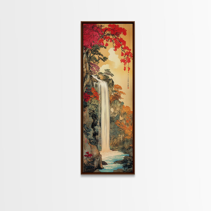 Autumn Waterfall With Red Maple Trees Framed Canvas Print, Japanese Landscape Wall Art, Nature Decor, Living Room Art Print