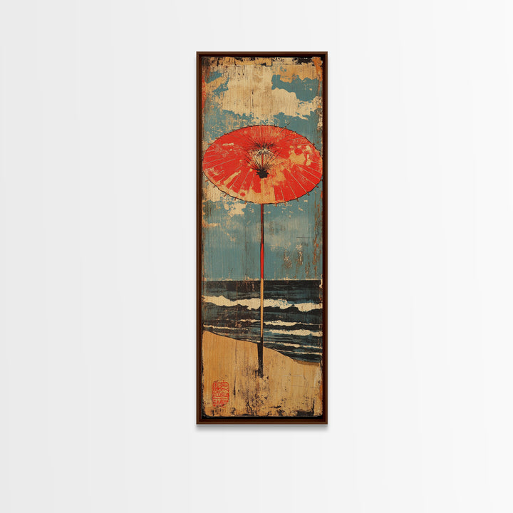 Red Beach Umbrella By Blue Ocean Framed Canvas Print, Coastal Wall Art, Beach House Decor, Summer Seascape Print, Living Room Decor
