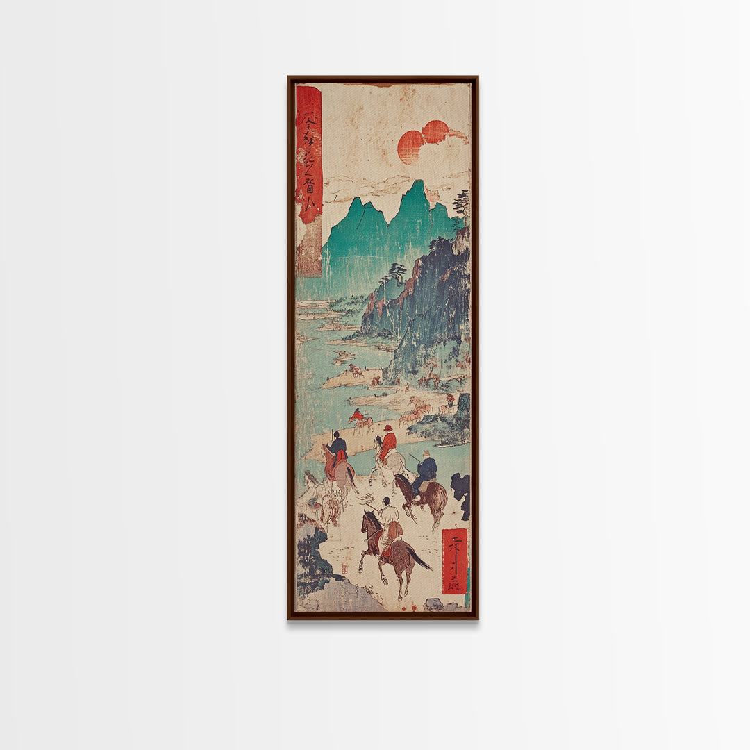 Horseback Riders In Turquoise Mountains Wall Art, Japanese Landscape Print, Western Travel Poster, Rustic Home Decor Gift