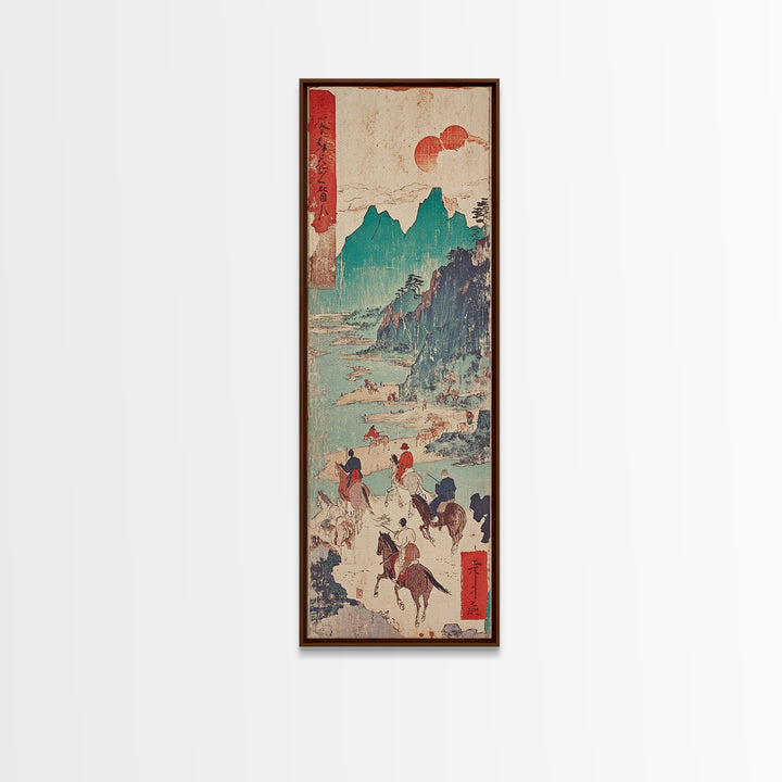Horseback Riders In Turquoise Mountains Wall Art, Japanese Landscape Print, Western Travel Poster, Rustic Home Decor Gift