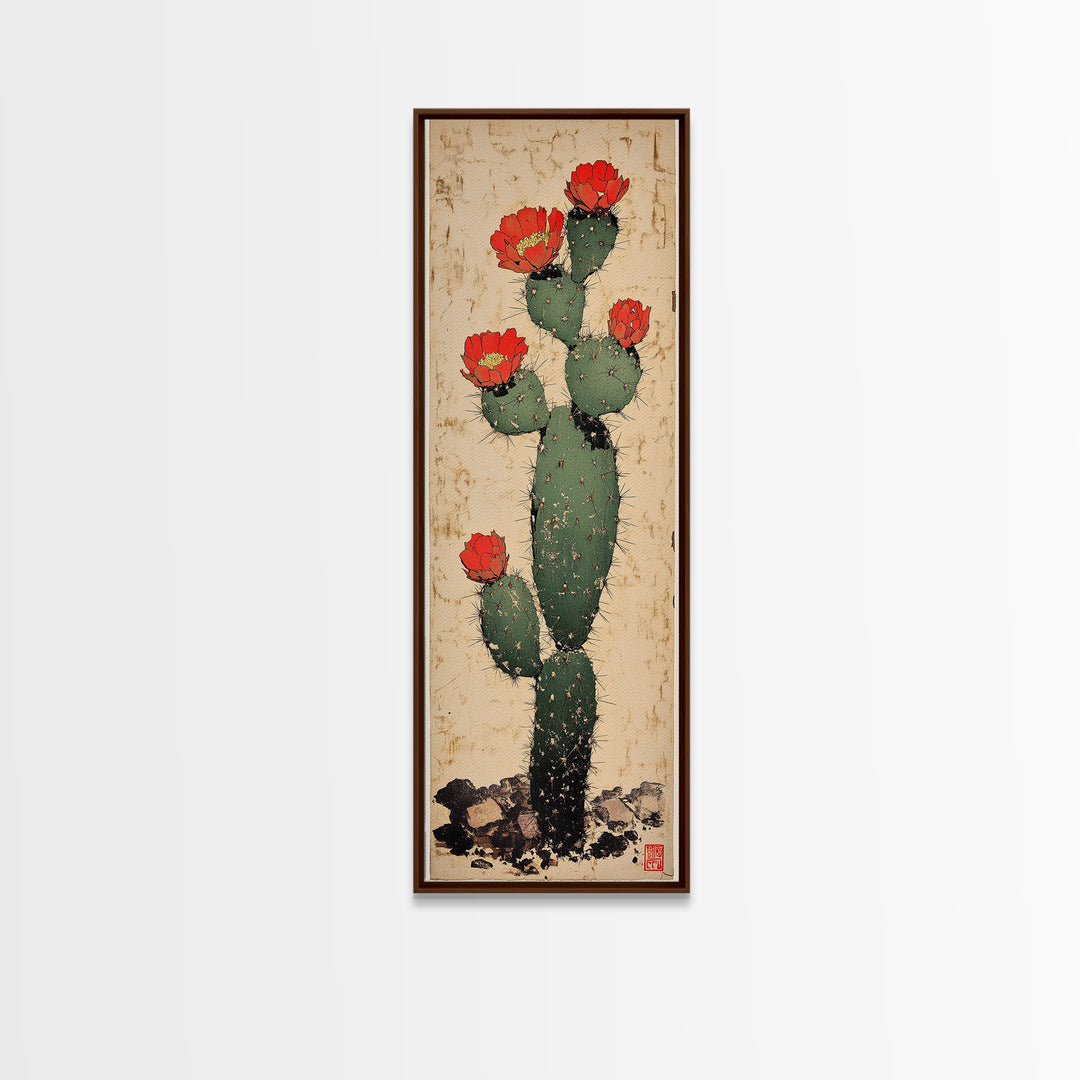 Prickly Pear Cactus With Red Flowers Canvas Print, Desert Wall Art, Southwestern Botanical Decor, Boho Home Decor, Living Room Decor