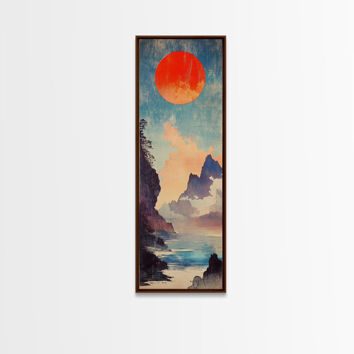 Red Sun Blue Mountain Seascape Wall Art, Japanese Landscape Print, Coastal Asian Decor, Tall Narrow Canvas For Living Room
