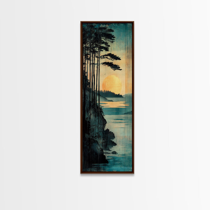 Golden Sun Forest Coast Wall Art, Japanese Landscape Print, Teal Nature Decor, Long Vertical Canvas For Bedroom Or Living Room