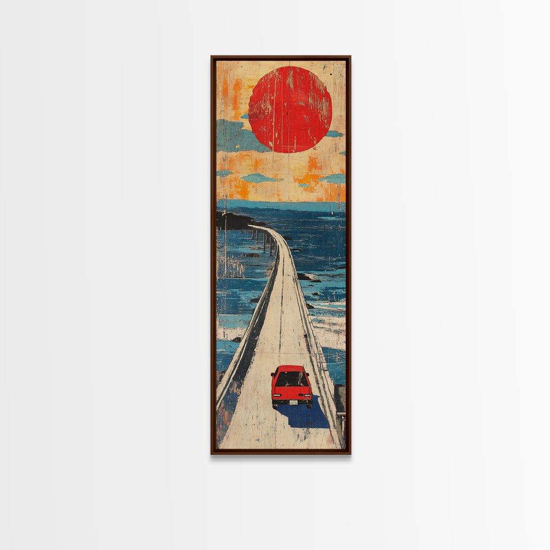 Red Car Ocean Bridge Wall Art, Retro Travel Poster Style, Japanese Coastal Decor, Long Vertical Canvas Print For Entryway