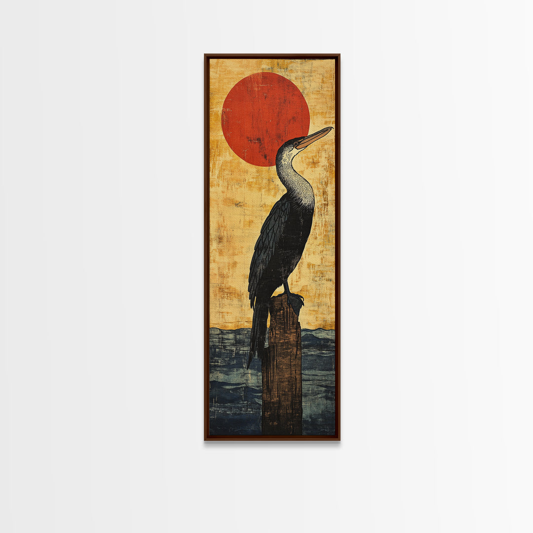 Black Cormorant Bird With Red Sun Wall Art, Japanese Coastal Framed Canvas Print For Nautical Decor And Nature Lovers Gift