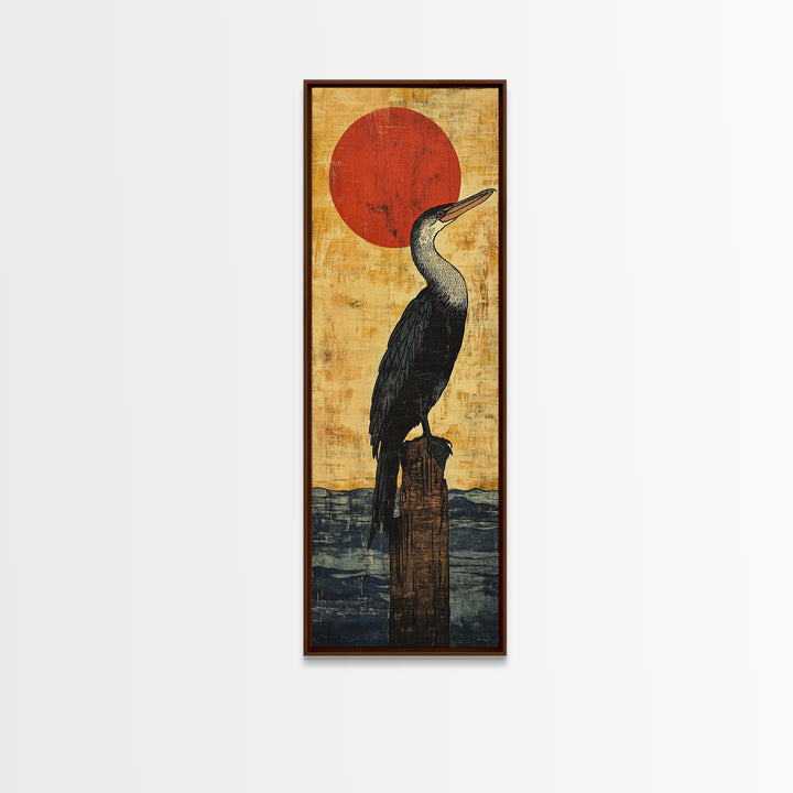 Black Cormorant Bird With Red Sun Wall Art, Japanese Coastal Framed Canvas Print For Nautical Decor And Nature Lovers Gift