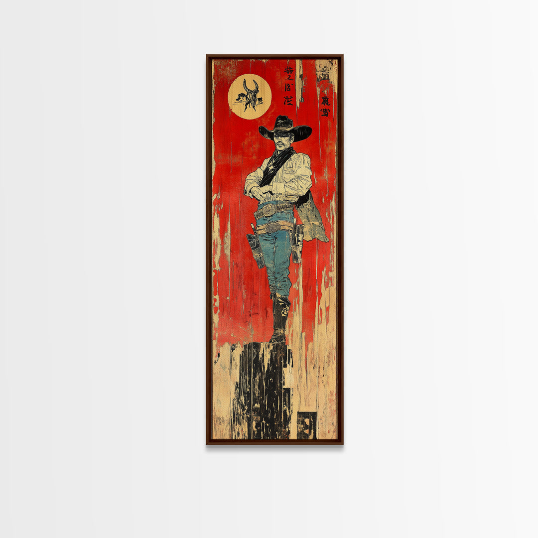 Red Gunslinger Cowboy Portrait Wall Art, Western Framed Canvas Print For Man Cave Decor, Rustic Ranch Decor And Gift For Him