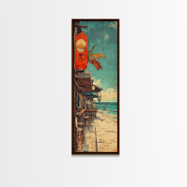 Seaside Japanese Street With Red Lantern Canvas Print, Coastal Wall Art For Beach House Decor, Travel Poster And Ocean Decor