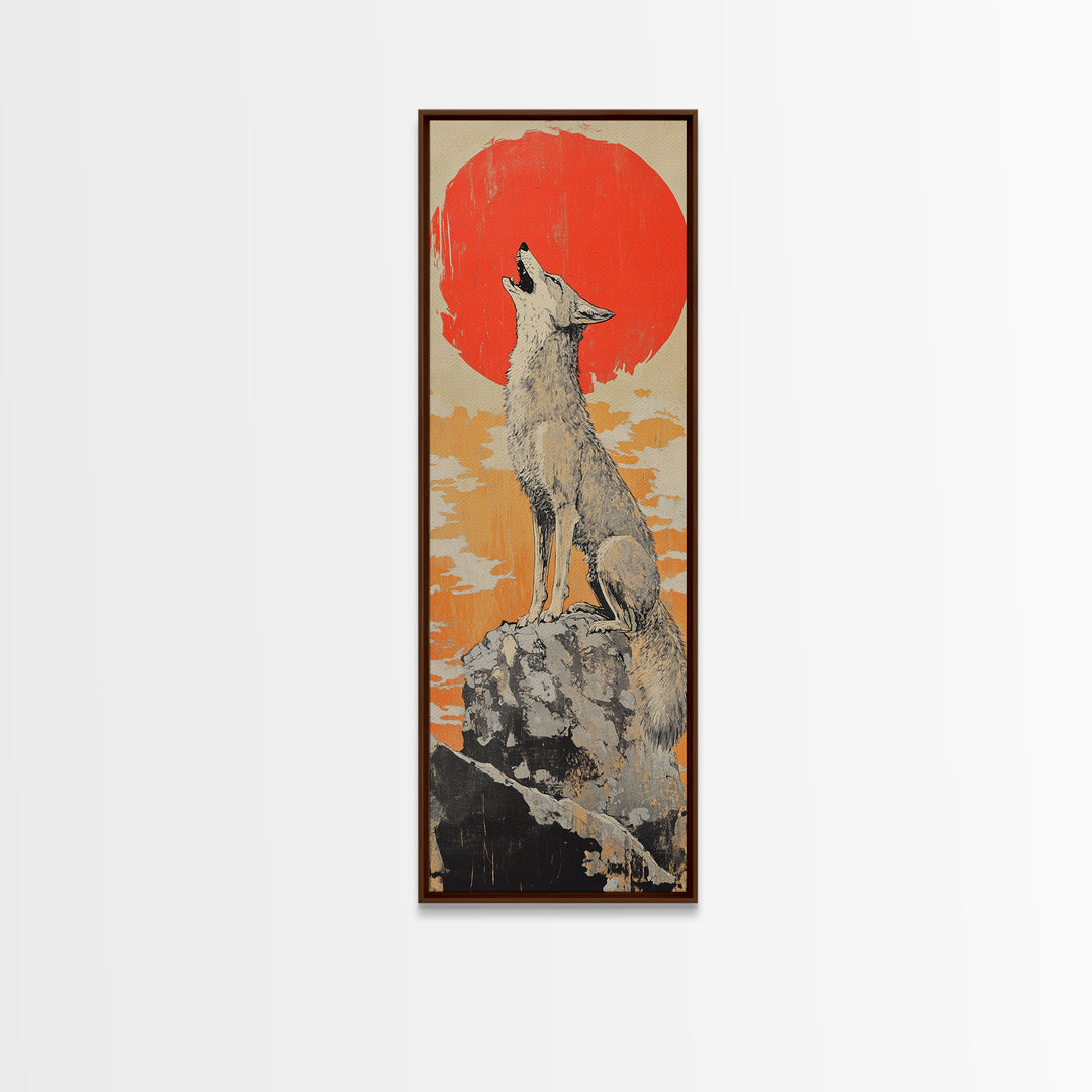 Howling White Wolf With Red Sun Framed Canvas Print, Desert Animal Wall Art, Southwestern Nursery Decor, Wildlife Gift For Him