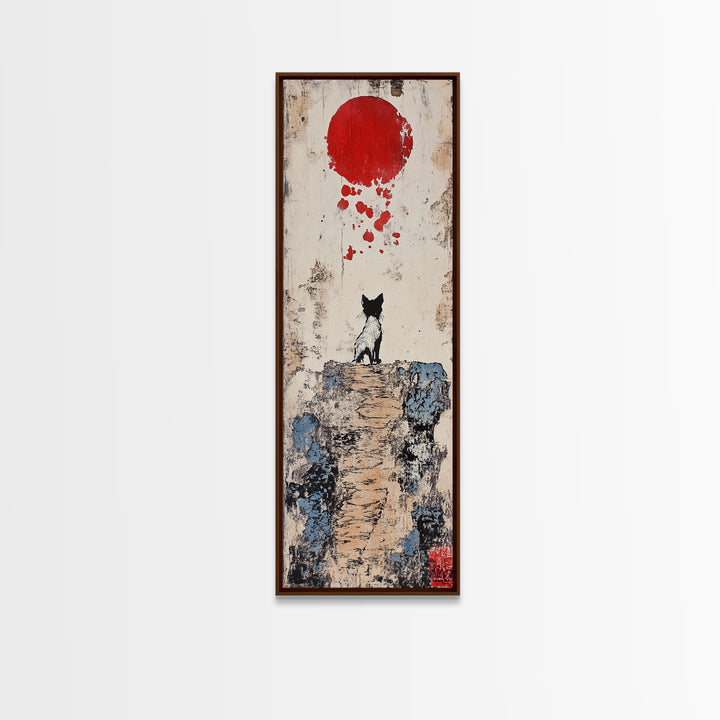 Tiny Black Cat On Cliff With Red Moon Canvas Print, Japanese Wall Art, Whimsical Animal Poster, Nursery Room Decor Unique Gift