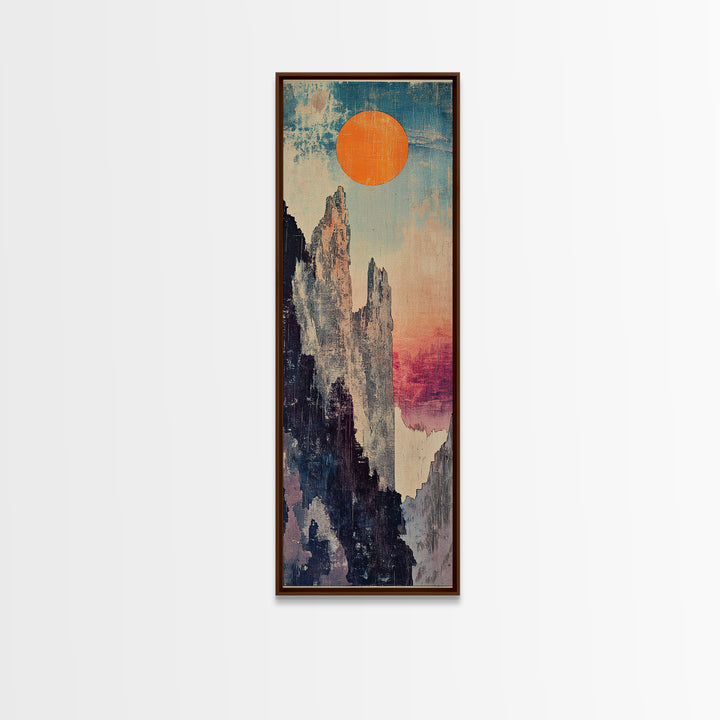 Tall Mountain Spires With Orange Sun Framed Canvas Print, Abstract Landscape Wall Art, Japandi Office Decor, Nature Gift