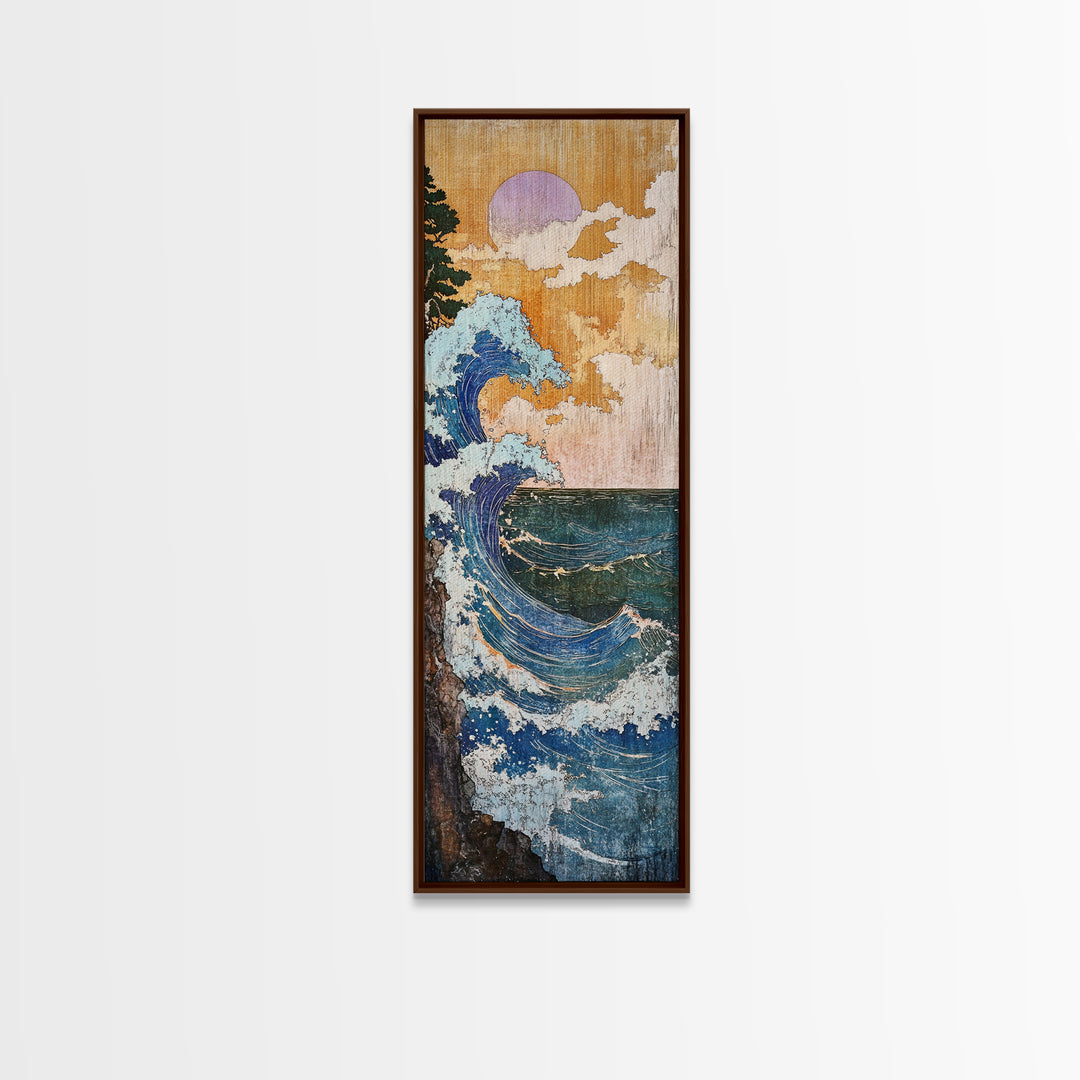 Blue Coastal Wave With Lavender Moon Framed Canvas Print, Ocean Wall Art, Nautical Bathroom Decor, Beach House Gift For Her
