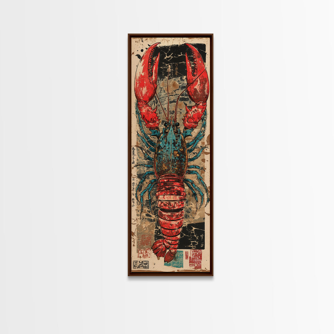 Bold Red And Teal Lobster Framed Canvas Print, Coastal Kitchen Wall Art, Nautical Seafood Decor, Beach House Gift For Foodie