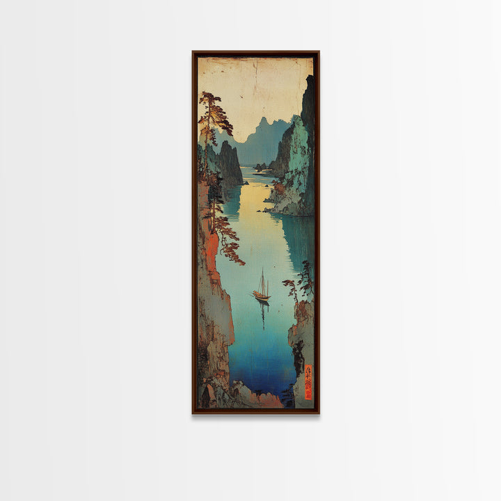 Misty Japanese River Gorge With Boats And Teal Cliffs Framed Canvas Print, Asian Landscape Art, Japandi Wall Decor, Zen Decor