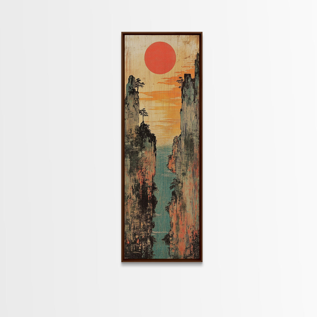 Red Sun Canyon Seascape Between Weathered Cliffs Canvas Print, Japanese Wall Art, Coastal Decor, Modern Landscape, Art Print