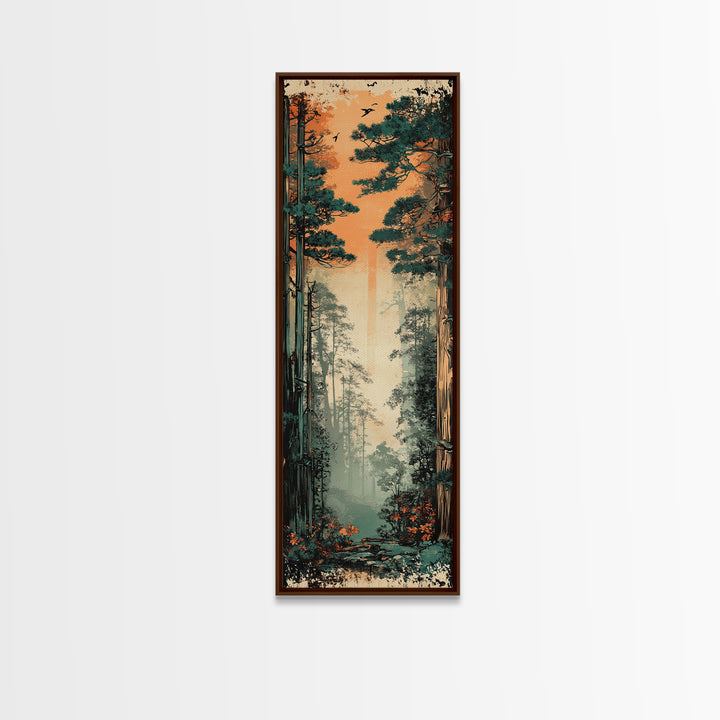 Tall Misty Pine Forest At Orange Dawn Wall Art, Nature Landscape Print, Japandi Decor, Calming Living Room Wall Decor, Home Decor
