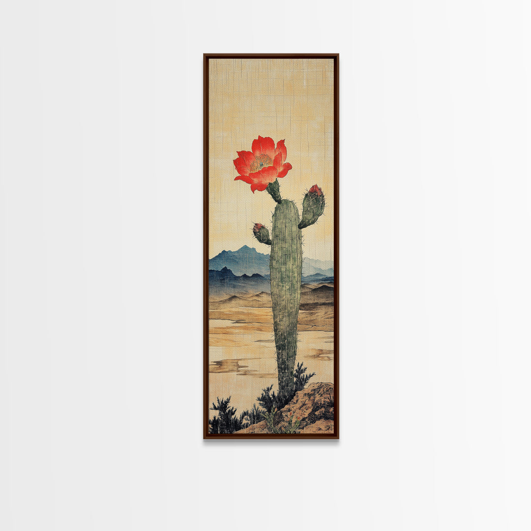 Blooming Cactus With Red Flower In Desert Landscape Framed Canvas Print, Southwestern Wall Art, Rustic Home Decor, Desert Decor