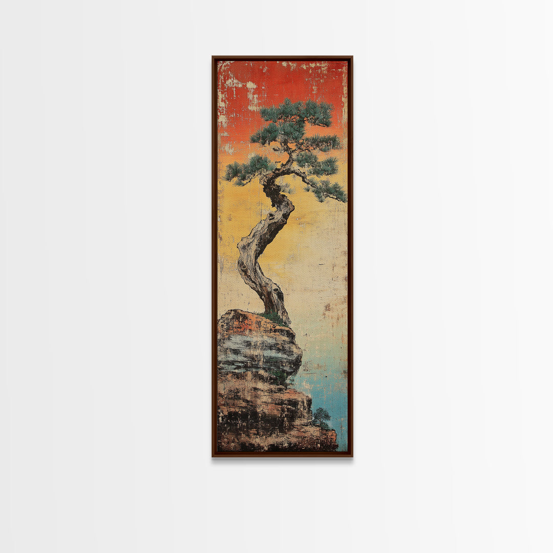 Weathered Bonsai Pine On Rocky Cliff With Red Sky Canvas Print, Japanese Wall Art, Wabi Sabi Decor, Zen Home Decor, Nature Art