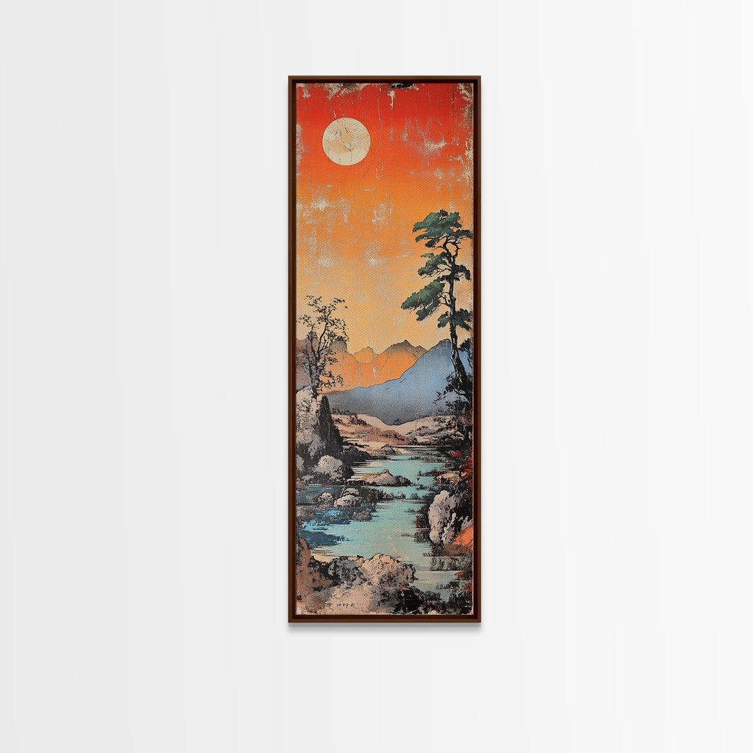 Moonlit Mountain River At Coral Sunset With Lone Pine Wall Art, Japanese Landscape Art, Rustic Decor, Nature Wall Decor Print