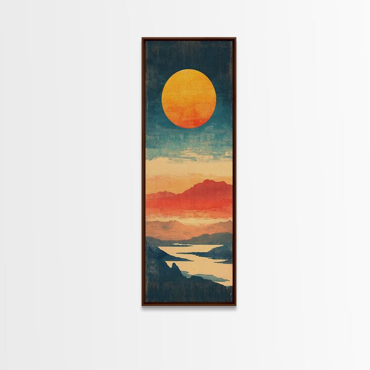 Golden Sun Over Coral Mountains And Reflective Lake Canvas Print, Abstract Landscape, Modern Wall Art, Coastal Decor, Home Decor