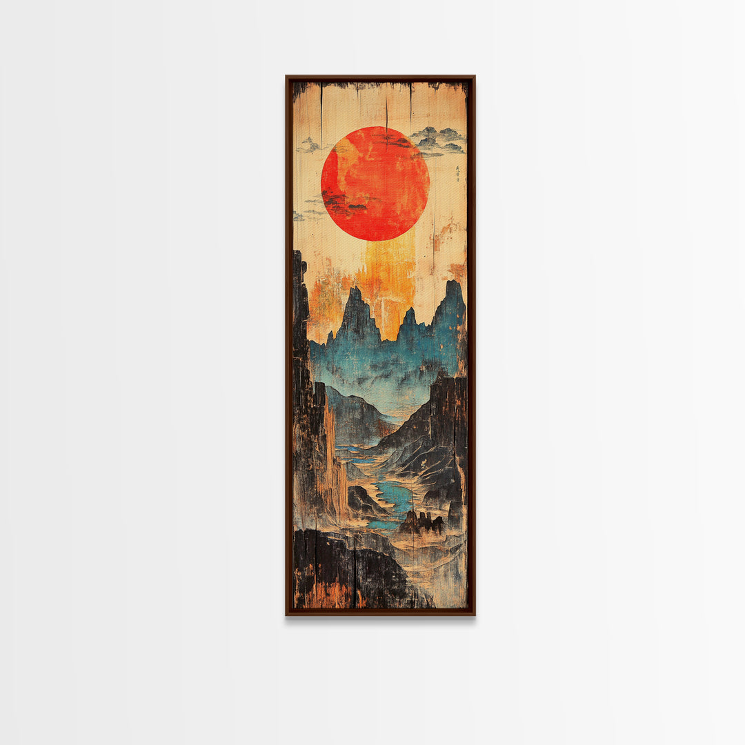 Red Sun Over Blue Mountain Valley And Winding River Wall Art, Japanese Landscape Print, Asian Decor, Statement Artwork, Home Decor