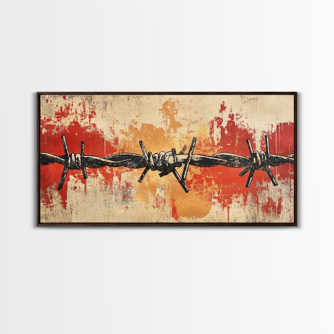 Black Barbed Wire On Red Grunge Canvas Print, Industrial Wall Decor, Edgy Abstract Art, Masculine Office Wall Art, Modern Home Decor
