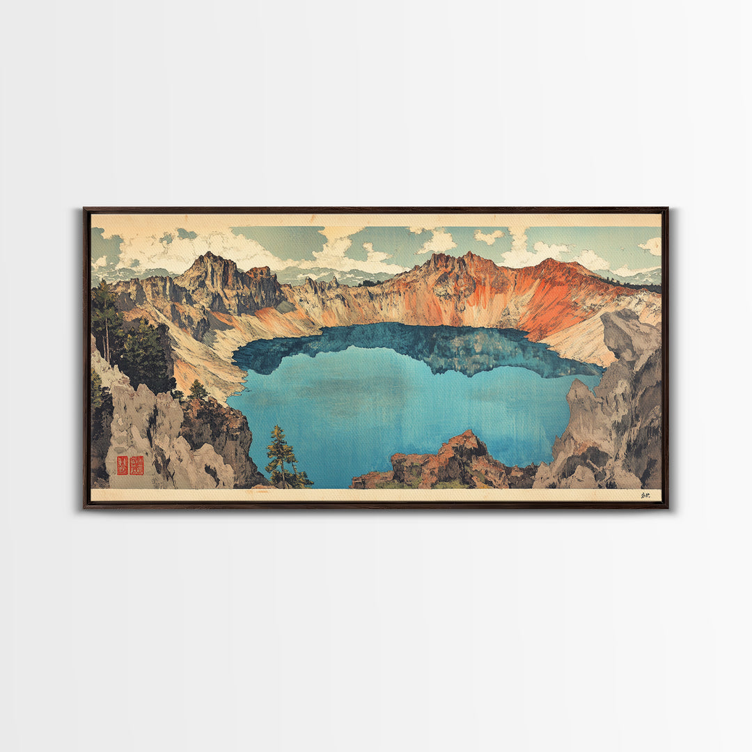 Turquoise Crater Lake And Rugged Mountain Wall Art, Japanese Landscape Print, Panoramic Canvas Art, Nature Home Decor, Large Wall Decor