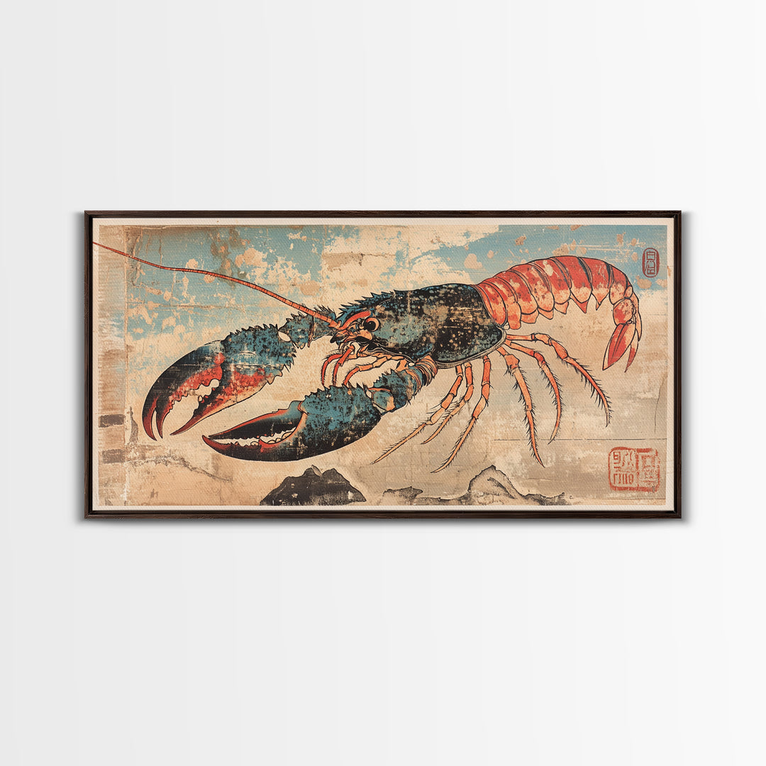 Blue And Coral Lobster With Large Claws Canvas Print, Coastal Kitchen Wall Art, Seafood Art Print, Nautical Home Decor, Beach House Decor