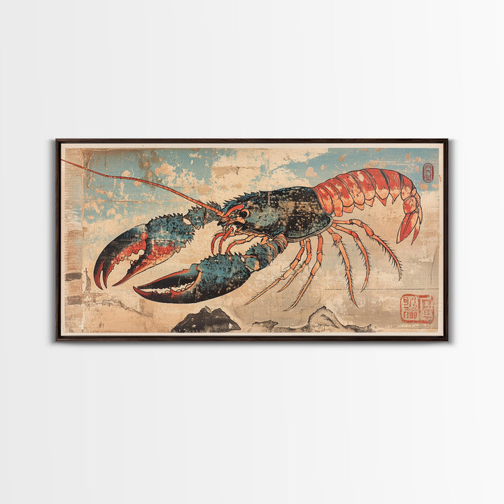 Blue And Coral Lobster With Large Claws Canvas Print, Coastal Kitchen Wall Art, Seafood Art Print, Nautical Home Decor, Beach House Decor