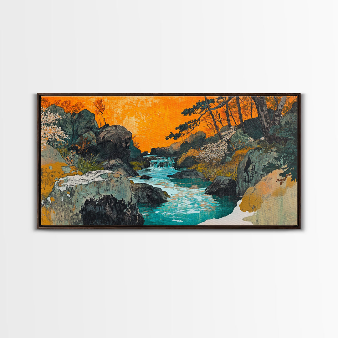 Turquoise River Through Rocky Forest Canyon Wall Art, Japanese Landscape Print, Orange Sunset Decor, Nature Canvas Art, Living Room Decor