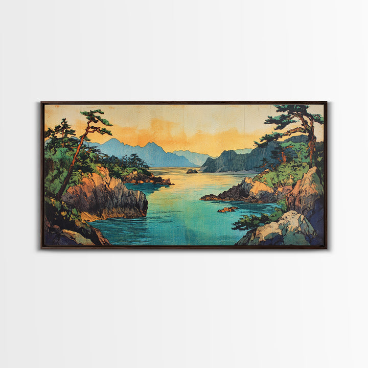 Pine Coastline With Blue Bay And Distant Mountains Wall Art, Japanese Seascape Print, Coastal Home Decor, Large Canvas Art