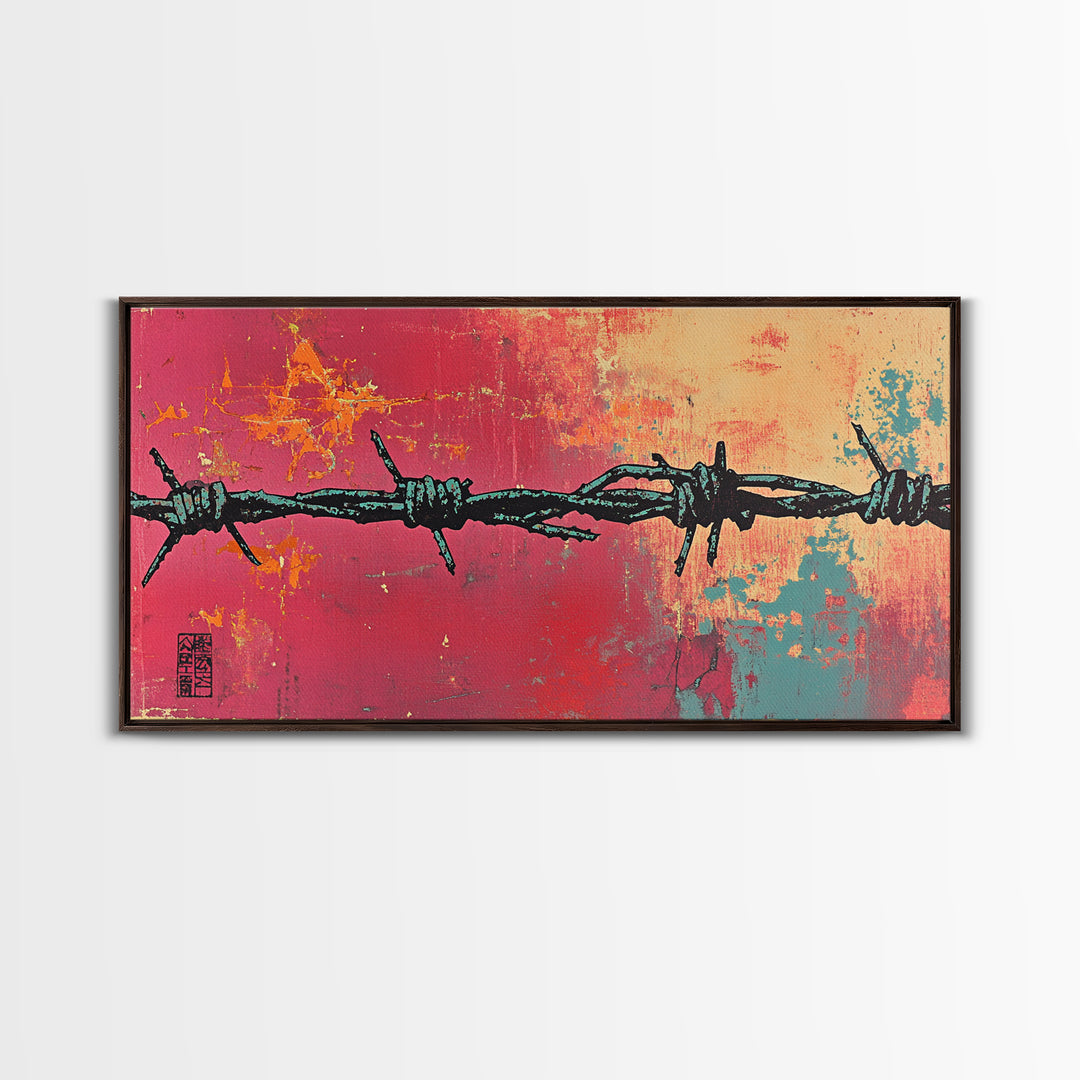 Black Barbed Wire On Coral Teal Wall Art, Urban Graffiti Print, Abstract Street Art, Edgy Modern Office Wall Decor Gift For Him