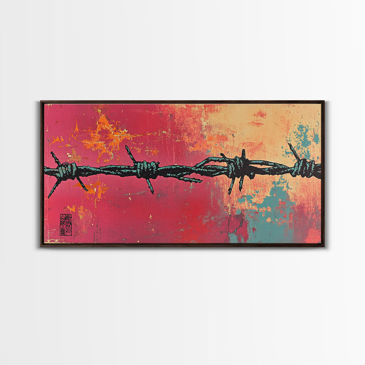 Black Barbed Wire On Coral Teal Wall Art, Urban Graffiti Print, Abstract Street Art, Edgy Modern Office Wall Decor Gift For Him