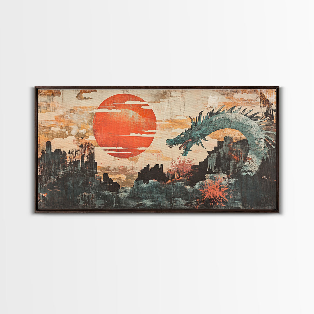 Teal Dragon Over Red Sun Mountains Framed Canvas Print, Asian Fantasy Wall Art, Japanese Decor, Dramatic Living Room Art