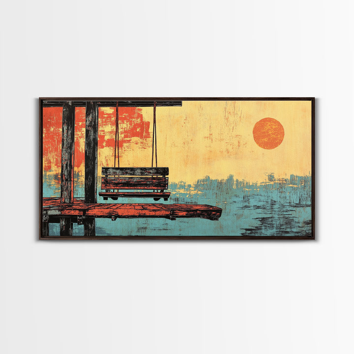 Japanese Dock Swing At Sunset Framed Canvas Print, Serene Ocean Wall Art, Coastal Home Decor, Zen Living Room Print, Bedroom Decor
