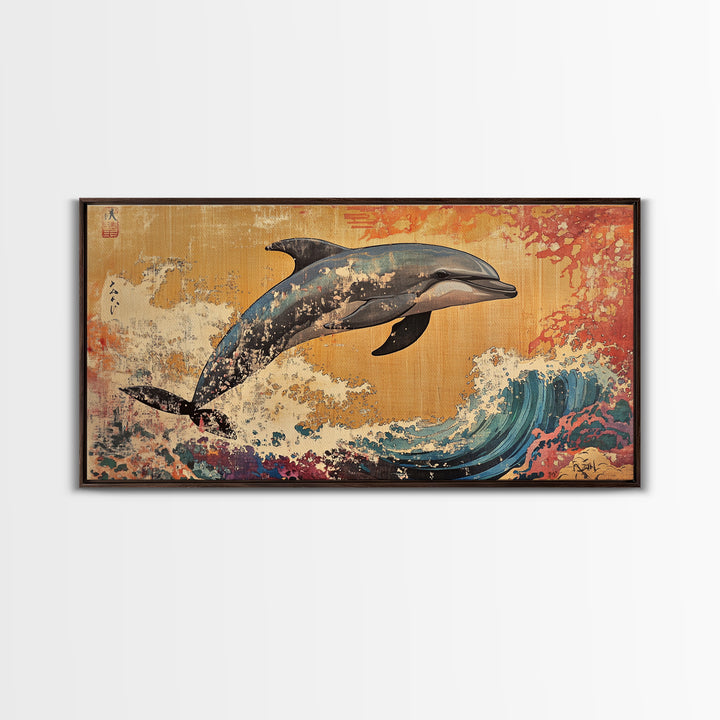 Dolphin Leaping Over Ukiyo E Wave Canvas Print, Japanese Ocean Wall Art, Coastal Nursery Decor, Sea Life Home Decor, Gift For Her