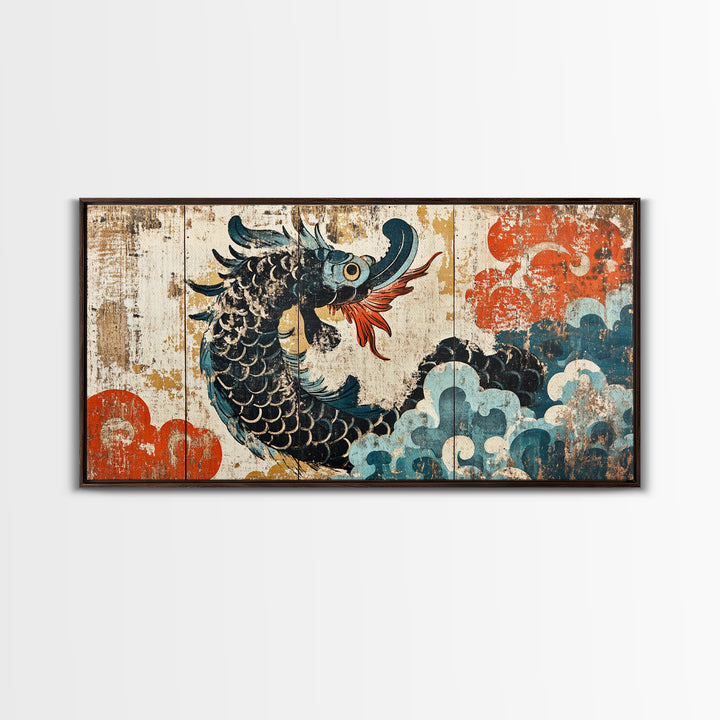 Ukiyo E Sea Dragon With Clouds Framed Canvas Print, Japanese Wall Art, Fantasy Decor, Asian Inspired Living Room Art, Statement Artwork